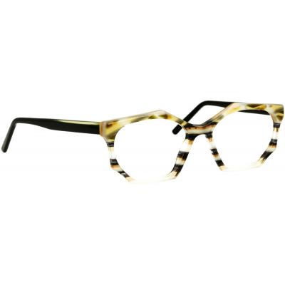 Damenbrille Johann von Goisern JA017 mit sechseckigem Rahmen in Braun- und Gelbtönen sowie schwarzen Bügeln.