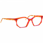 Damenbrille Johann von Goisern JA017, geometrische Fassung in leuchtendem Orange und Rot mit transparenten Akzenten.