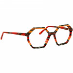 Damenbrille Johann von Goisern JA019 mit sechseckigen Rahmen in leuchtenden Rot-, Orange- und Schwarztönen.
