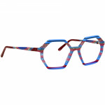 Damenbrille Johann von Goisern JA019 mit sechseckigen Rahmen in Rot- und Blautönen, gemustertes Acetat.