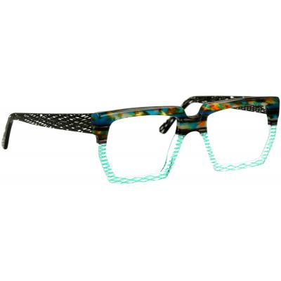 Herrenbrille Johann von Goisern JA020 mit eckigem Rahmen in bunten Farben und mintfarbenem Muster an Front und Bügeln.