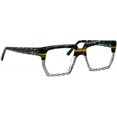 Herrenbrille Johann von Goisern JA020 mit geometrischem Rahmen und modernem Design in Schwarz, Blau und Gold.