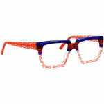 Herrenbrille Johann von Goisern JA020 mit rechteckigem Rahmen, blauem und orangefarbenem Muster und durchsichtigen Gläsern.