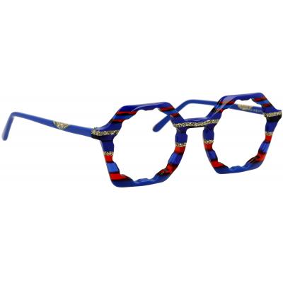 Damenbrille Johann von Goisern JA021 mit achteckigem Rahmen in Blau, Rot und Schwarz mit goldenen Akzentmustern.