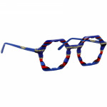 Damenbrille Johann von Goisern JA021 mit achteckigem Rahmen in Blau, Rot und Schwarz mit goldenen Akzentmustern.