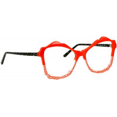 Rote Damenbrille Johann von Goisern JA022 mit markanten schwarz-roten Bügeln und einzigartigem Design.