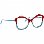 Damenbrille Johann von Goisern JA022 mit rotem Rahmen oben und blau gemustertem Design unten, modernes und auffälliges Design.
