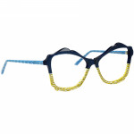 Damenbrille Johann von Goisern JA022 mit blauem Gestell, gelb-blauen Bügeln und auffälligem Design.