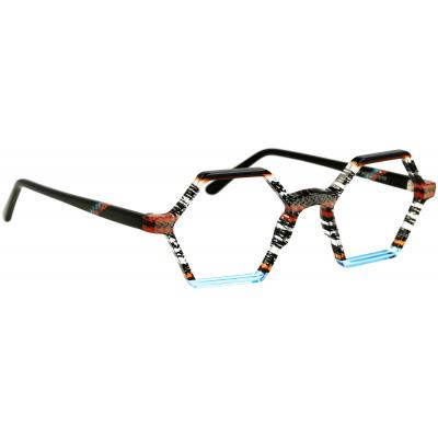 Unisexbrille Johann von Goisern JA023 mit sechseckigen Fassungen in bunten Farben und schwarzem Bügel.