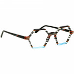 Unisexbrille Johann von Goisern JA023 mit sechseckigen Fassungen in bunten Farben und schwarzem Bügel.