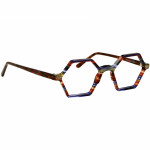 Unisexbrille Johann von Goisern JA023 mit sechseckigem Rahmen und mehrfarbigem Muster in Rot-, Blau- und Brauntönen.