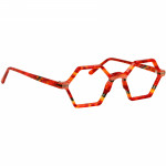 Unisexbrille Johann von Goisern JA023 mit hexagonalen, lebhaft orangefarbenen Rahmen und feiner Musterstruktur.