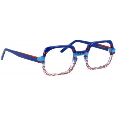 Unisexbrille Johann von Goisern JA024 mit quadratischem Design, blauem Rahmen und roten sowie weißen Akzenten.