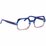 Unisexbrille Johann von Goisern JA024 mit quadratischem Design, blauem Rahmen und roten sowie weißen Akzenten.