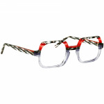 Unisexbrille Johann von Goisern JA024 mit eckigem Rahmen, transparent-roter Front und gemusterten Bügeln.