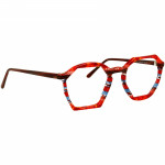 Unisexbrille Johann von Goisern JA025 mit sechseckigem Rahmen in Rot- und Blautönen, moderne Gestaltung, seitliche Bügel in Braun.