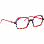 Damenbrille Johann von Goisern JA026 mit eckigem Rahmen, Farbenmix aus Rosa, Blau und Braun sowie bunten Streifenmuster.
