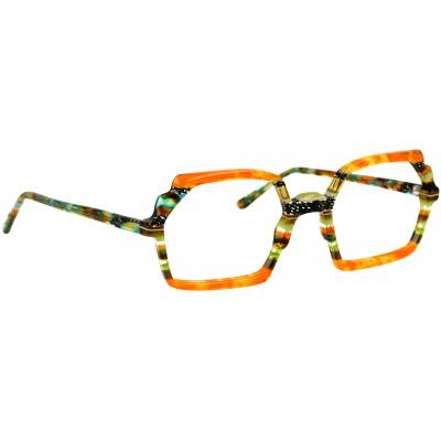 Damenbrille Johann von Goisern JA026 mit auffälligem Design in mehrfarbiger Musterung und kantiger Rahmenform.