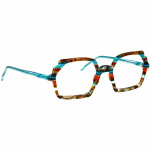 Damenbrille Johann von Goisern JA026 mit eckigem Rahmen in mehrfarbigem Design und blauen Bügeln.