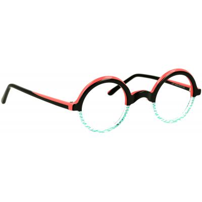 Unisexbrille Johann von Goisern JA028 mit rundem Gestell in Schwarz, Pink und türkisfarbenen Akzenten an den Gläserrahmen.