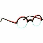 Unisexbrille Johann von Goisern JA028 mit rundem Gestell in Schwarz, Pink und türkisfarbenen Akzenten an den Gläserrahmen.