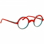 Runde Unisexbrille Johann von Goisern JA028 mit rot-blauem Rahmen und schwarz-weiß gestreiften Bügeln.