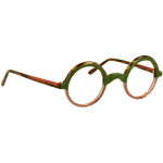Unisexbrille Johann von Goisern JA028 mit runden Gläsern, grünem Rahmen und farbenfrohen Details an Bügeln und Innenseite.