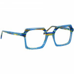 Damenbrille Johann von Goisern JA029 mit eckigem Rahmen in Blau und Gelb, auffälliges Design aus hochwertigen Materialien.
