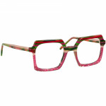 Damenbrille Johann von Goisern JA029 mit eckigem Rahmen, kräftigen Rot- und Grüntönen sowie auffälligem Design.
