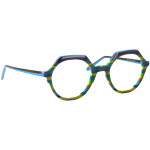 Damenbrille Johann von Goisern JA030 mit achteckigem Design, mehrfarbiger Rahmen und blauer Bügel.
