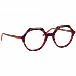 Damenbrille Johann von Goisern JA030 mit runden Gläsern und auffälligem, farbenfrohen Gestell in Rot- und Blautönen.