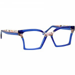 Damenbrille Johann von Goisern JA031 mit eckigem Design, blauen Fassungen und mehrfarbigen Bügeln mit dekorativen Akzenten.
