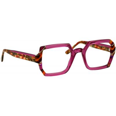 Unisexbrille Johann von Goisern JA033 mit rechteckigem Rahmen, kräftigen Farben in Pink und Musterakzenten an den Bügeln.