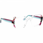 Unisexbrille Johann von Goisern JA033 mit klarem, kantigem Rahmen und farbigen Bügeln in Blau und Pink.
