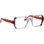 Unisexbrille Johann von Goisern JA033 mit eckigem Gestell, transparentem Rahmen und roten Bügeln mit bunten Akzenten.
