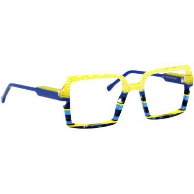 Damenbrille Johann von Goisern JA035 mit eckigem Rahmen in Gelb und Blau, auffälliges Design mit modischen Mustern.