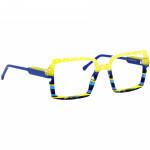 Damenbrille Johann von Goisern JA035 mit eckigem Rahmen in Gelb und Blau, auffälliges Design mit modischen Mustern.