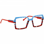 Damenbrille Johann von Goisern JA035 mit farbenfrohem, eckigem Rahmen in Rot, Blau und gemusterten Details.