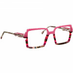 Damenbrille Johann von Goisern JA035 mit quadratischem Rahmen, buntem Streifenmuster und kräftigen pinken Akzenten.