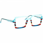 Damenbrille Johann von Goisern JA035 mit eckigem Design, transparentem Rahmen und bunten Streifen an der Fassung.