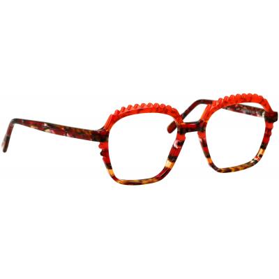 Damenbrille Johann von Goisern JA036 mit auffälligem, mehrfarbigem Gestell und markanten roten Designelementen.