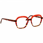 Damenbrille Johann von Goisern JA036 mit auffälligem, mehrfarbigem Gestell und markanten roten Designelementen.