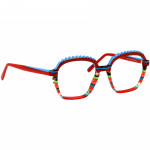 Damenbrille Johann von Goisern JA036 mit rot-blauen Rahmen und bunten, detailreichen Akzenten.