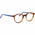 Unisexbrille Johann von Goisern JC200 mit runden, braunen Rahmen und blauen Bügeln. Stilvoll und modern designt.
