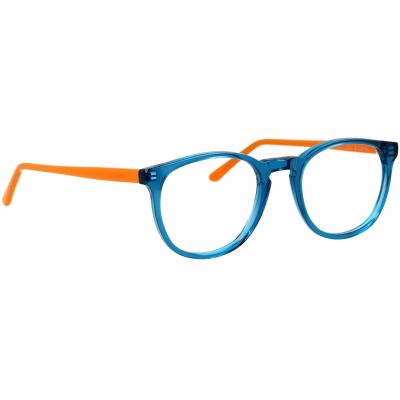 Unisexbrille Johann von Goisern JC201 mit blauem Rahmen und orangen Bügeln, modernes und stilvolles Design.