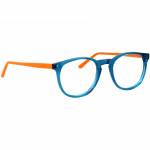 Unisexbrille Johann von Goisern JC201 mit blauem Rahmen und orangen Bügeln, modernes und stilvolles Design.