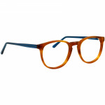 Unisexbrille Johann von Goisern JC201 mit runden orangefarbenen Rahmen und blauen Bügeln, modernes und stilvolles Design.