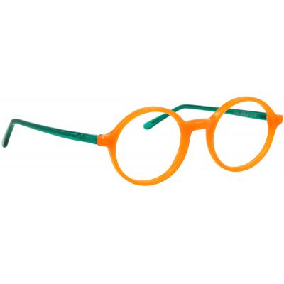 Unisexbrille Johann von Goisern JC202 mit rundem orangefarbenem Rahmen und grünen Bügeln, modernes und lebendiges Design.