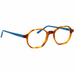 Unisexbrille Johann von Goisern JC203 mit achteckigem Rahmen in Braun-Orange und blauen Bügeln.