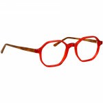 Unisexbrille Johann von Goisern JC203 mit rundem, rot-transparentem Rahmen und braunen Bügeln.